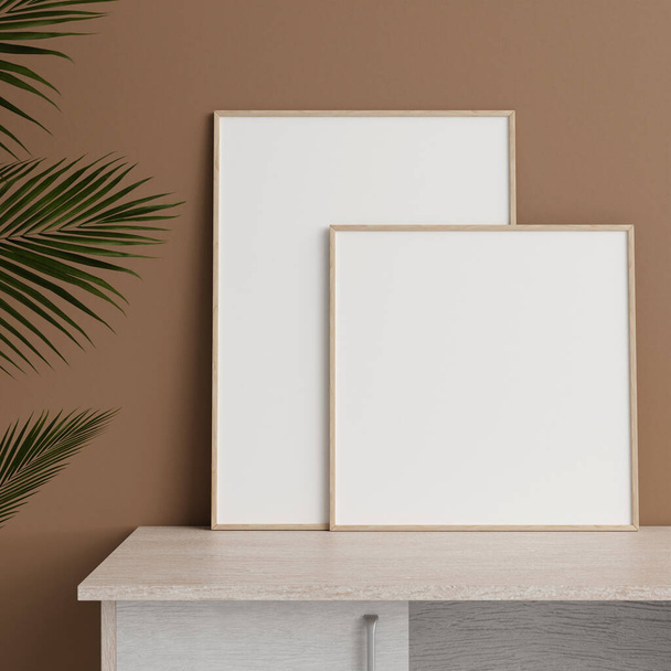 Minimalistische vooraanzicht houtfoto of poster frame mockup leunend tegen muur op tafel met plant. 3d destructie. - Foto, afbeelding