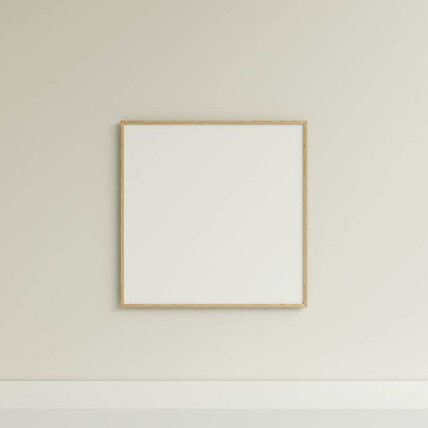 Clean and minimalist front view square wooden photo or poster frame mockup hanging on the wall. 3d rendering. - Foto, Bild