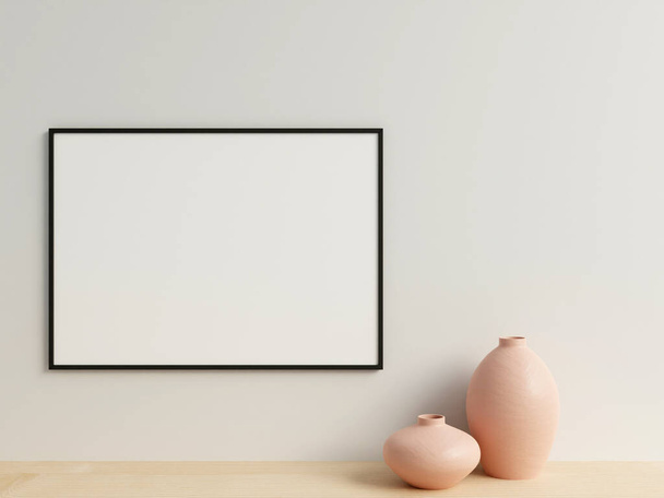 Schoon en minimalistisch front view horizontale zwarte foto of poster frame mockup opknoping op de muur met vaas. 3d destructie. - Foto, afbeelding