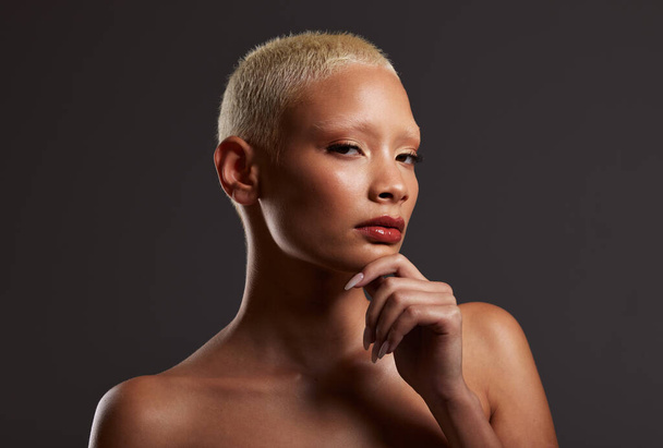 Beauty, makeup and skincare, portrait of black woman in dark studio with platinum hair isolated on grey background. Art aesthetic, cosmetics and beautiful African model in skin glow and luxury facial. - Foto, imagen