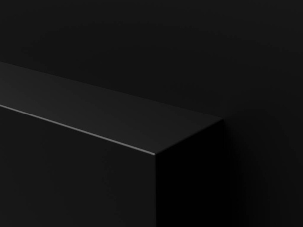 製品プレゼンテーションのための最小限の黒いプラットフォームの表彰台または台座を空にします。空のスタンドショーケース。広告用の空白のテンプレート。抽象黒の背景。3Dレンダリング. - 写真・画像