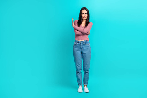 Full body size photo of veto concept young woman against feminism discrimination stop hand symbol look empty space isolated on blue color background. - Zdjęcie, obraz