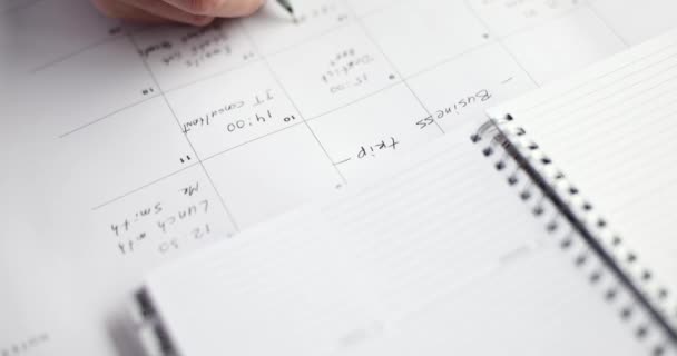 Mujer de negocios comprueba planificador y toma notas en organizador. Calendario de eventos Planificación de negocios y concepto de reunión - Metraje, vídeo