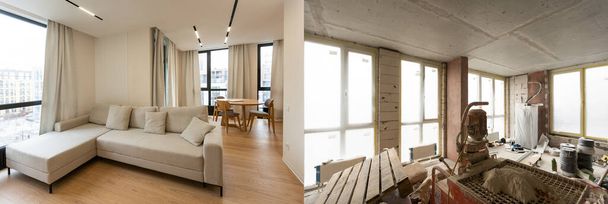 Сравнение снимка большой красивой комнаты в частном доме до и после реконструкции, грязной комнаты с пустыми серыми стенами vs новым чистым блеском интерьера
 - Фото, изображение