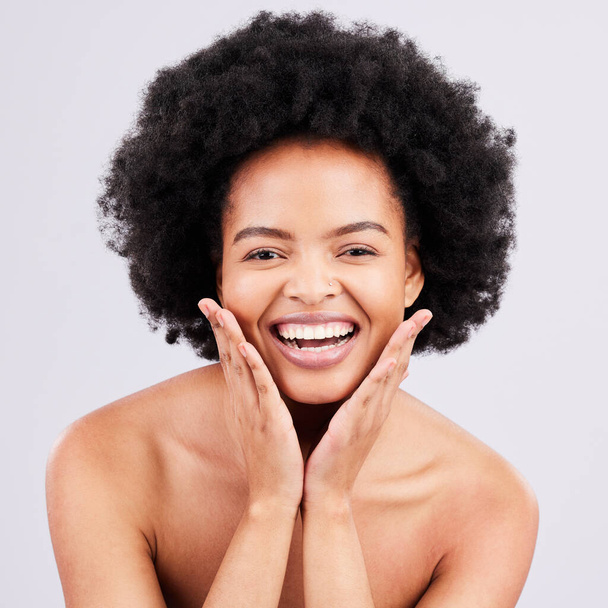 Hands, skincare and portrait of black woman in studio with natural, hair and cosmetics on grey background. Soft, portrait and girl model relax with haircare, body care or dermatology satisfaction. - 写真・画像