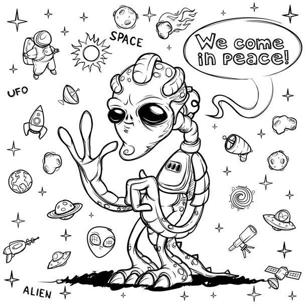 Alien space invader welcomes you. Hand drawn - Вектор, зображення