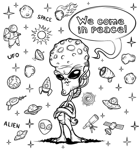 Small alien space invader with a big head. Hand drawn - Vector, Image
