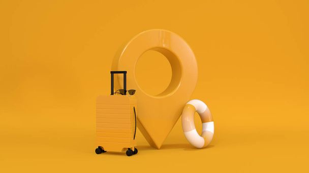 Map pointer pin with yellow travel suitcase, rubber swimming ring on yellow background. 3d rendering - Photo, Image