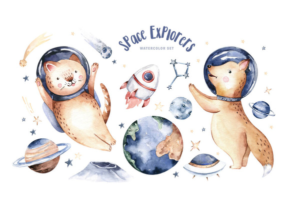 Astronaut baby boy girl elephant, fox cat and bunny, space suit, cosmonaut stars, planet, moon, rocket and shuttle isolated watercolor space ship illustration on white background, Spaceman cartoon kid astronout. universe illustration nursery. - Foto, afbeelding