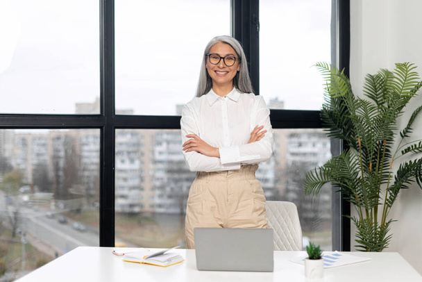 Waist up portrait view of charming positive mature elderly business woman wearing stylish eyeglasses and smart casual attire. Senior confident grey-haired lady looking at the camera - Foto, afbeelding