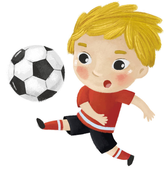 cartoon scene with kid playing running sport ball soccer football - illustration for kids - Foto, afbeelding