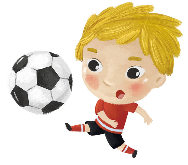 cartoon scene with kid playing running sport ball soccer football - illustration for kids - Фото, изображение