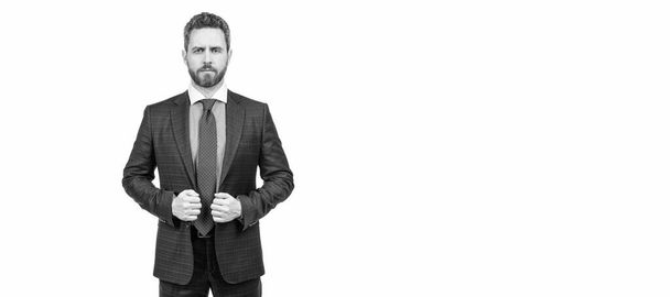 Senior manager wear business suit in formal fashion style isolated on white, wardrobe. Man face portrait, banner with copy space - Fotó, kép