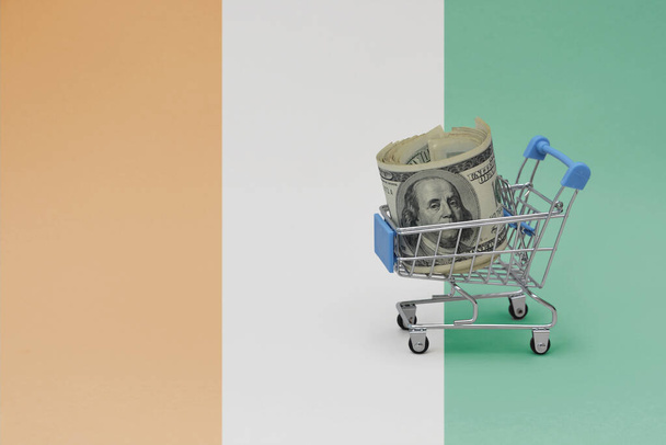 Metal shopping basket with big dollar money banknote on the national flag of cote divoire background. consumer basket concept. 3d illustration - Фото, изображение