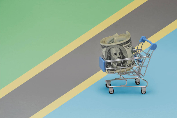 Metallinen ostoskori, jossa on dollarin seteli tansanialaisella taustalla. kuluttajakorin käsite. 3d kuva - Valokuva, kuva
