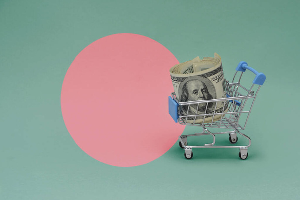Metal shopping basket with big dollar money banknote on the national flag of bangladesh background. consumer basket concept. 3d illustration - Фото, изображение