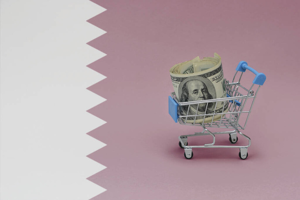 Metal shopping basket with big dollar money banknote on the national flag of qatar background. consumer basket concept. 3d illustration - Foto, afbeelding