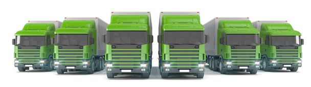 six green cargo trucks parked in a row - Photo, Image