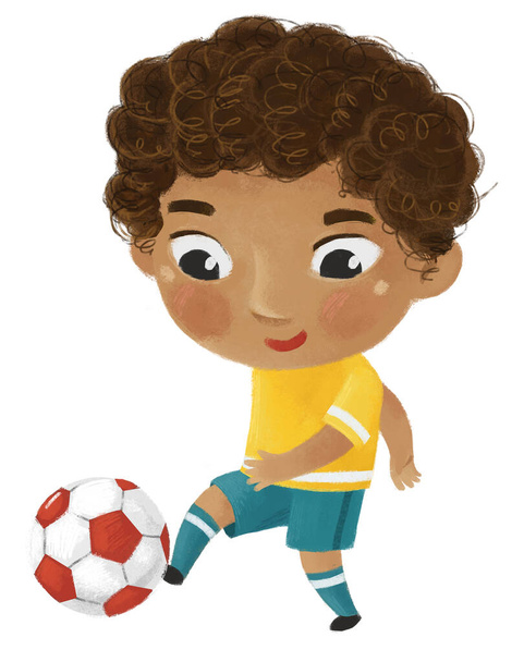 cartoon scene with kid playing running sport ball soccer football - illustration for kids - Fotografie, Obrázek