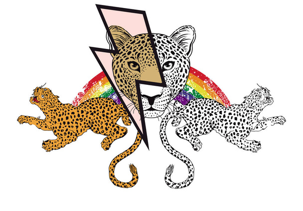 ヒョウの頭と虹と雷のシンボルTシャツのデザイン。ゲイの誇りの日のためのベクトルイラスト. - ベクター画像