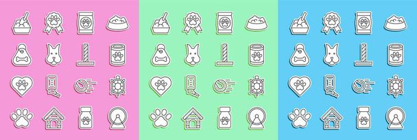 Set line Hamster wheel, Turtle, Canned food, Bag of for pet, Dog, collar with bone, Cat litter tray shovel and scratching post toy icon. Vector - Vector, Image