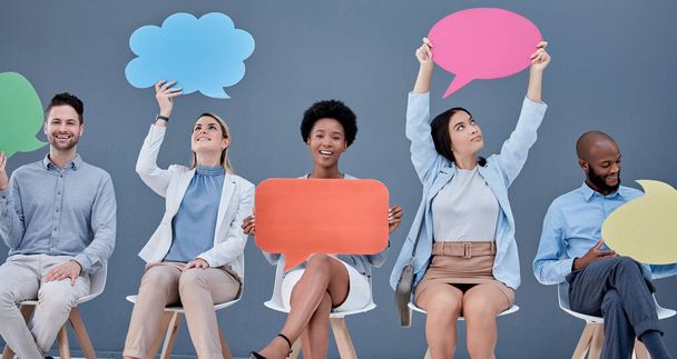 Social media, chat and business people with a speech bubble for communication and opinion. Mockup, blank and portrait of employees showing an information board for feedback, review and voice at work. - Foto, imagen