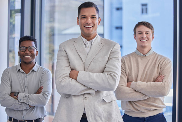 Portrait, business people and diversity men with arms crossed for office management, happiness and pride. Happy group, teamwork and employees smile in collaboration, corporate partnership and trust. - Photo, Image