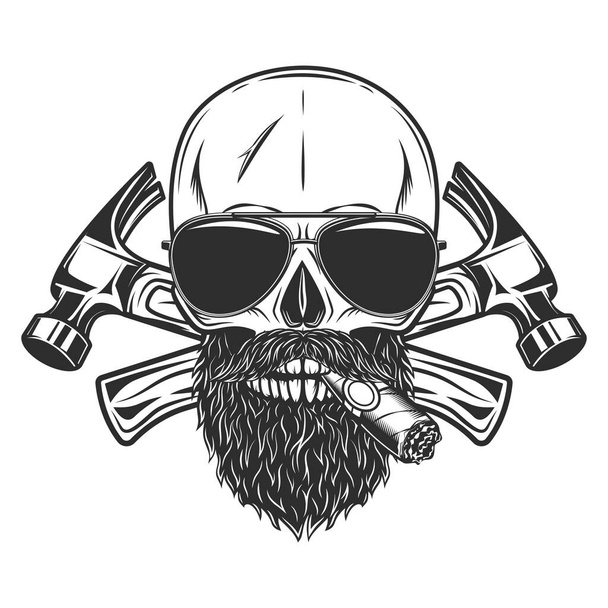 Skull smoking cigar or cigarette with mustache and beard and sunglasses builder crossed hammers from new construction and remodeling house business in monochrome vintage style illustration - Вектор, зображення