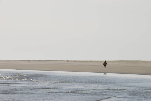 One person walking at the oceans edge on a sandy isolated beach in Tofino, BC - Zdjęcie, obraz