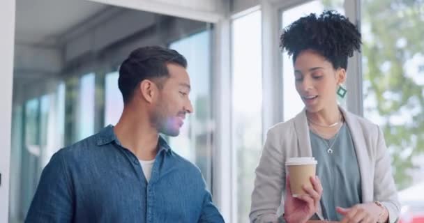 Coffee, talking and business people walking in office lobby, having conversation or chatting. Tea break, communication or happy employees, man and woman in discussion or speaking in workplace hallway. - Metraje, vídeo