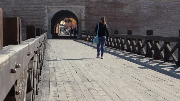 Meisje lopen op oude brug - Video
