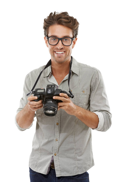 I need 1 more picture...Portrait of a handsome young photographer with his camera around his neck - Фото, изображение