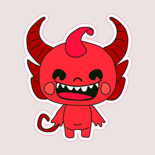 Sticker emoji emoticon emotion happy character sweet hellish entity cute horned devil, evil spirit, devilry, impure force  - Vector, Image