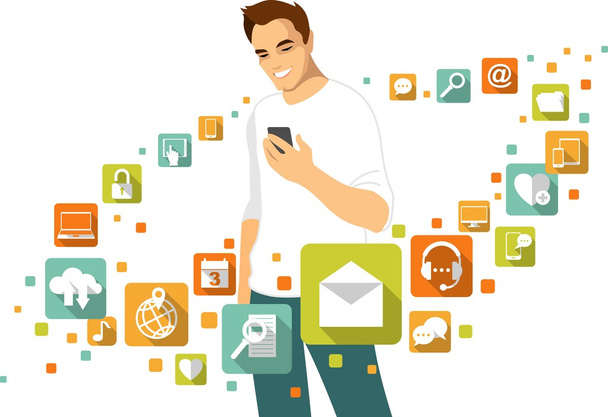 Mobiele applicatie concept - man met smartphone en sociale media, web iconen - Vector, afbeelding