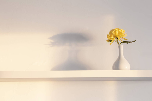 yellow chrysanthemum in vase on white shelf on white background - Φωτογραφία, εικόνα
