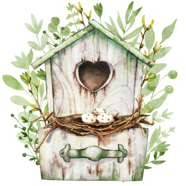 Lege houten vogelhuisje met nest en eieren. Lente Bloemen en twijgen voor thuis comfort. Pasen en zomer decor. Met de hand getekend aquarel illustratie geïsoleerd op witte achtergrond close-up. - Foto, afbeelding