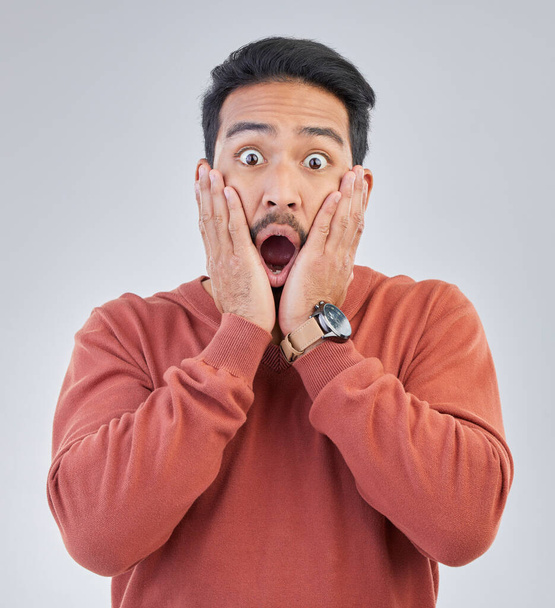 Surprise, shock face and portrait of man on white background with emoji, comic and facial expression. Wow mockup, omg and isolated male in studio with shocking information, news or announcement. - 写真・画像