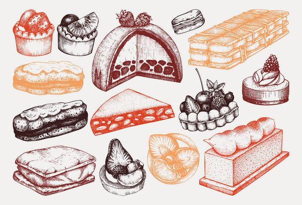 Hand drawn desserts illustrations set. Layer cakes, biscuits, eclairs,  vanilla slices, tartlets, cheesecake, meringue sketches in color. Vintage food drawing for confectionery or bakery shop - Vettoriali, immagini