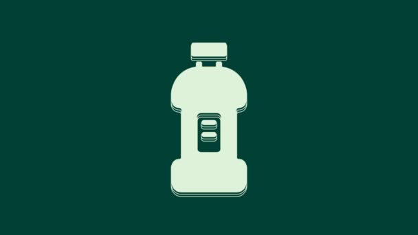 Witte plastic fles voor wasmiddel, bleekmiddel, vaatwasmiddel of een ander icoon van reinigingsmiddel geïsoleerd op groene achtergrond. 4K Video motion grafische animatie. - Video