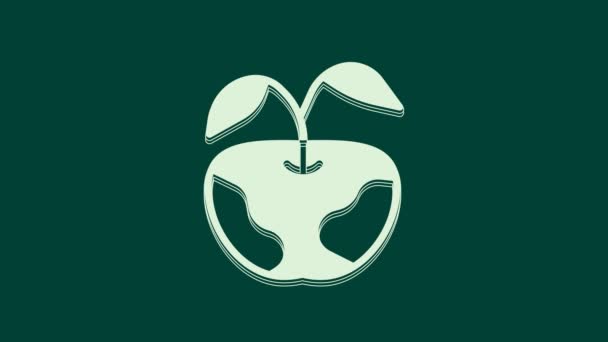 Icono blanco de Apple aislado sobre fondo verde. El exceso de peso. Menú de dieta saludable. Aptitud dieta manzana. Animación gráfica de vídeo 4K. - Metraje, vídeo