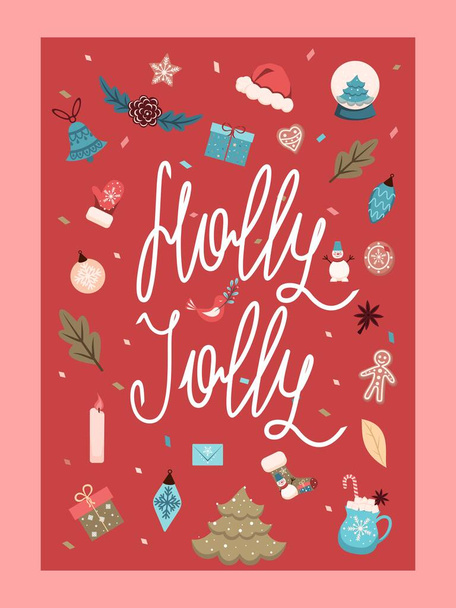 Christmas and New Year card. Holly Jolly. Illustration is Decorated with bright Christmas Elements, presented on a red background. For Vector Illustrations. - Vecteur, image