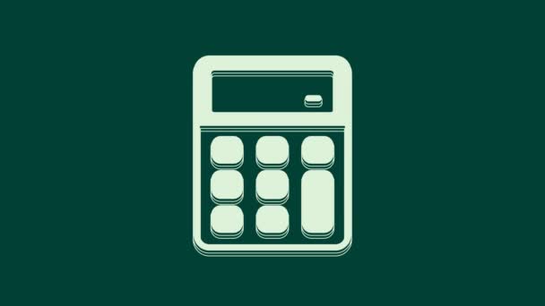 Biały Kalkulator ikona izolować na zielony tło. Symbol księgowości. Obliczenia biznesowe matematyka edukacji i finansów. 4K Animacja graficzna ruchu wideo. - Materiał filmowy, wideo