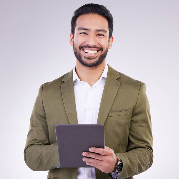Business man, tablet and smile portrait in studio for internet, communication and network connection. Entrepreneur male online for mobile app networking, marketing or research on investment or sales. - Zdjęcie, obraz