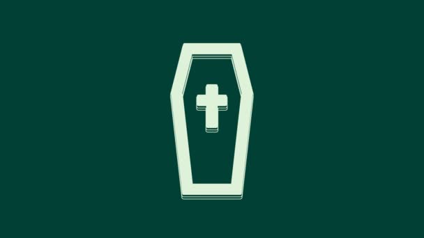 Coffin blanco con icono de cruz cristiana aislado sobre fondo verde. Feliz fiesta de Halloween. Animación gráfica de vídeo 4K. - Imágenes, Vídeo