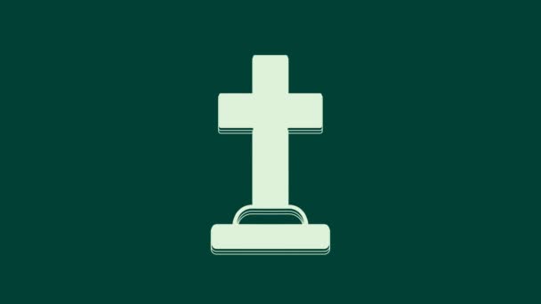 Bílý náhrobek s ikonou kříže izolované na zeleném pozadí. Ikona hrobu. Šťastný Halloweenský večírek. Grafická animace pohybu videa 4K. - Záběry, video