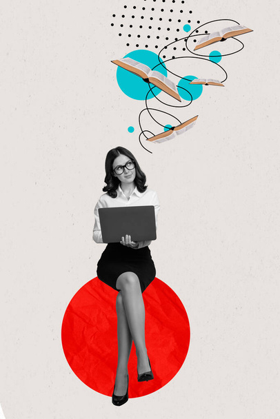 Creative surreal magazine template collage of successful lady worker use netbook read book professional work development concept. - Foto, Bild