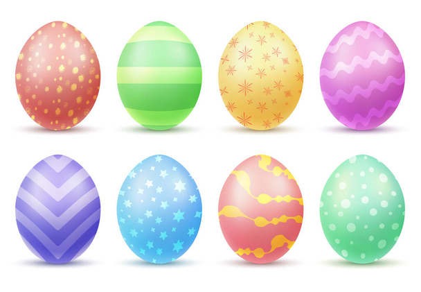 Vícebarevná velikonoční vajíčka namalovaná v různých barvách a vzorech realistická sada izolovaných vektorových ilustrací - Vektor, obrázek