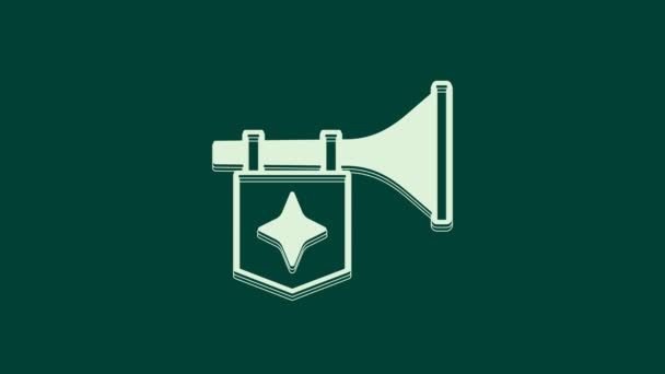 Weiße Trompete mit Fahnensymbol auf grünem Hintergrund. Musikinstrument Trompete. 4K Video Motion Grafik Animation. - Filmmaterial, Video