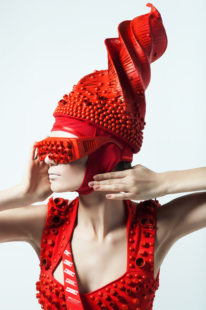 Woman in red hat and dress - Φωτογραφία, εικόνα