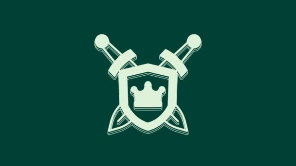 Escudo medieval blanco con icono de espadas cruzadas aisladas sobre fondo verde. Animación gráfica de vídeo 4K. - Imágenes, Vídeo